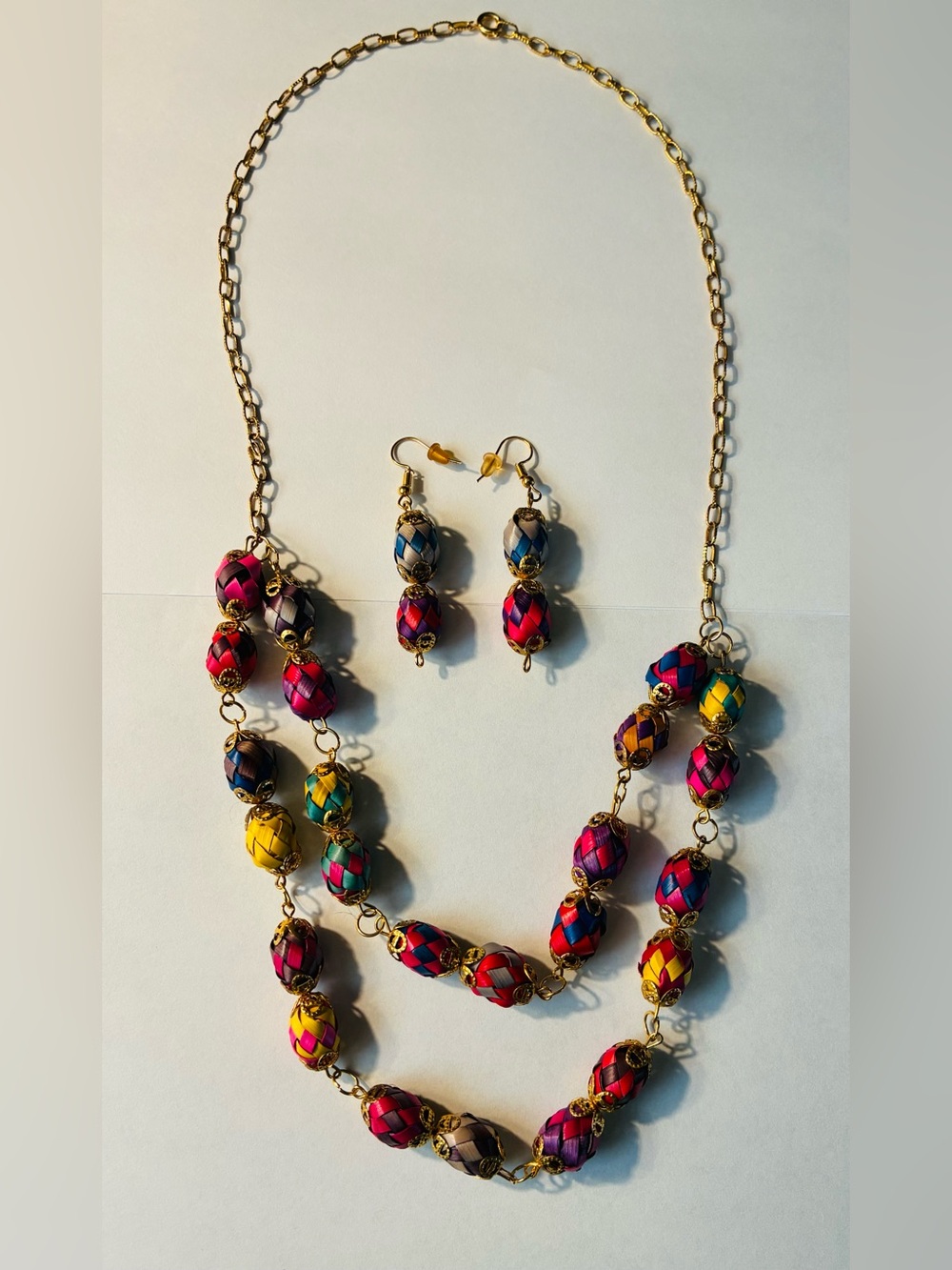 Fantastic Vintage Colorful Woven Straw Necklace & Earring Set